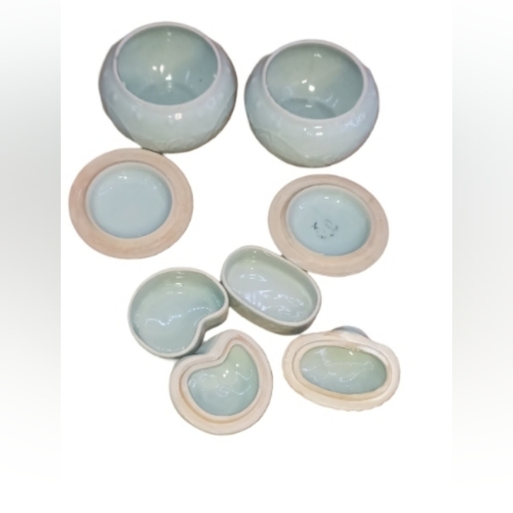 Chinese Celadon Jar Pot Lid Vessel Green Ware Flower Marked Set - Picture 2 of 7
